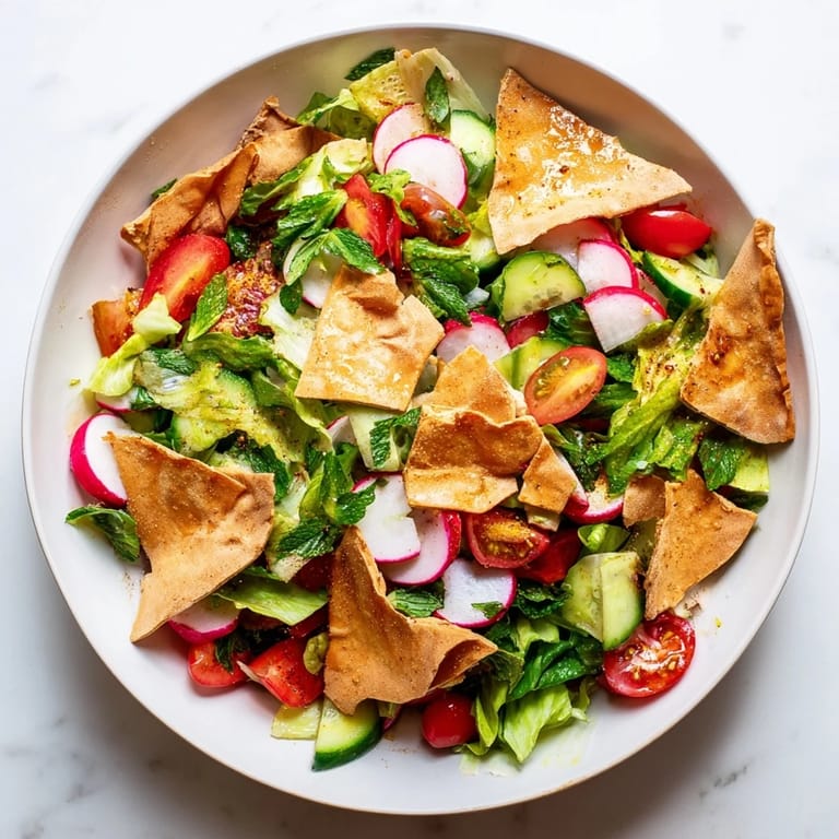 Vibrant Fattoush Crunch Salad: Imagine a bowl brimming with crisp greens and crunchy pita, ready to serve.