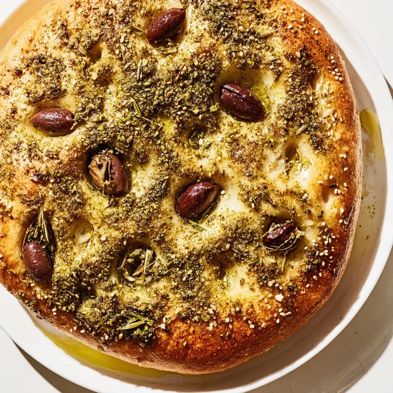 Imagine fluffy Zaatar Olive Focaccia, boasting a delightful aroma of zaatar and olive oil, fresh from the oven.