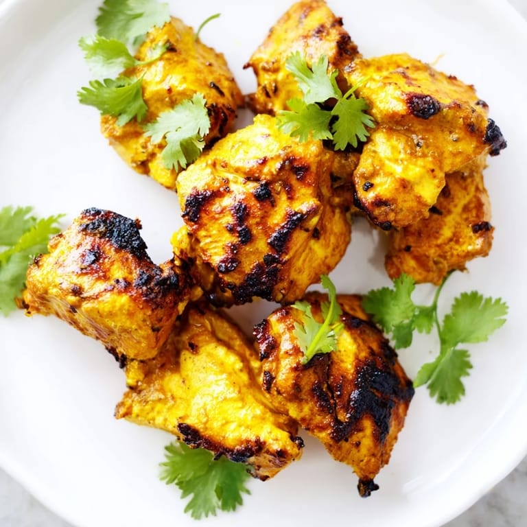 Juicy Indian Tikka Spiced Chicken with vibrant red and golden charred edges, accompanied by fresh cilantro and sliced red onion garnish.