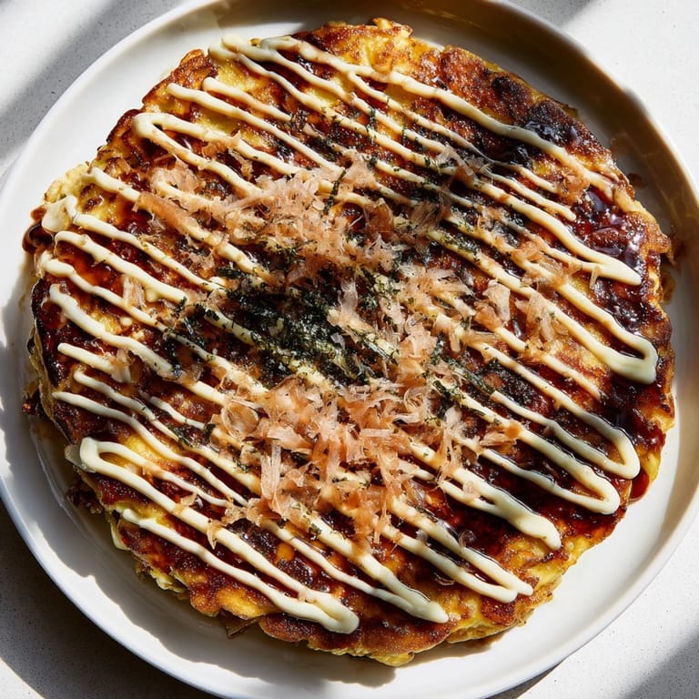 A close-up of savory cabbage Japanese Okonomiyaki Pancakes drizzled with sauces and pickled ginger.