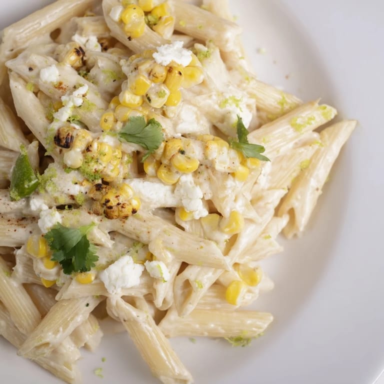 A vibrant bowl of Mexican street corn pasta garnished with cilantro, chili powder, and lime wedges for a zesty kick.  