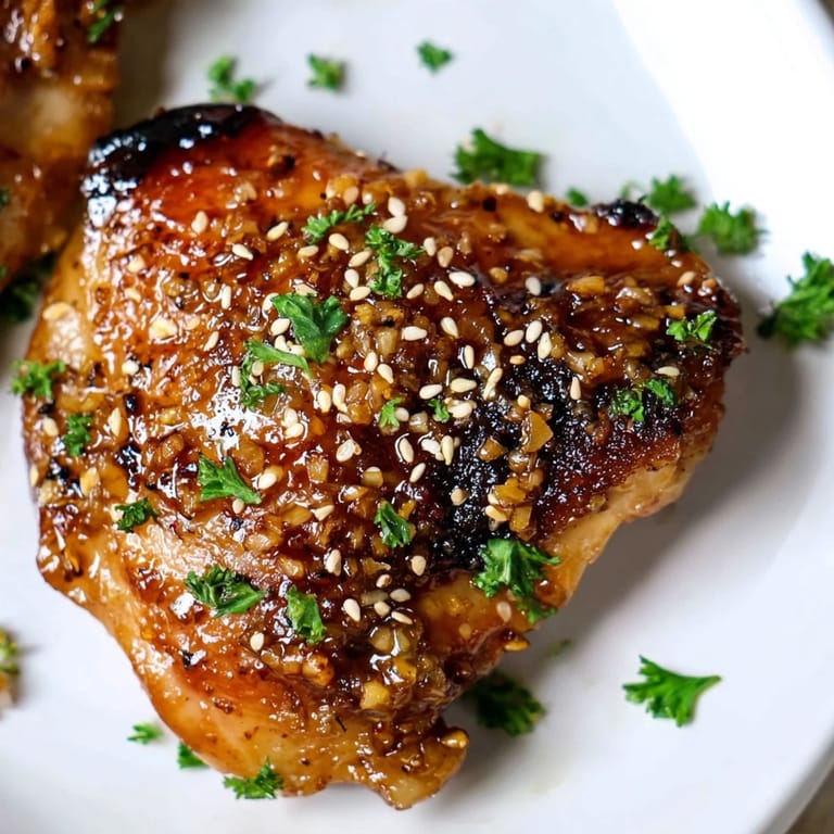 Honey Garlic Glazed Chicken served over steamed rice with parsley and sesame seed garnish.  