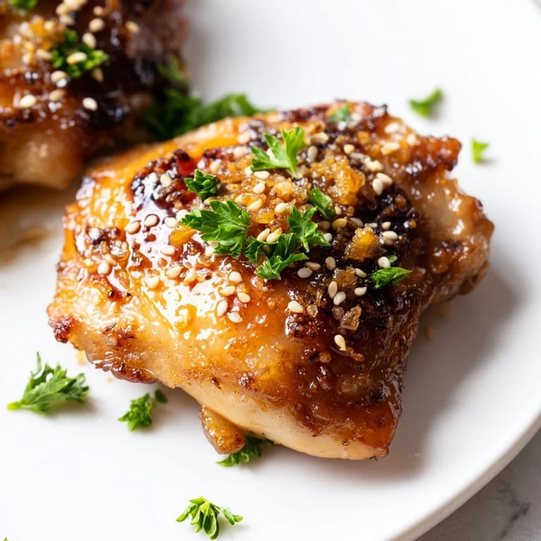 Tender Honey Garlic Glazed Chicken thighs with caramelized skin and rich, glossy sauce.