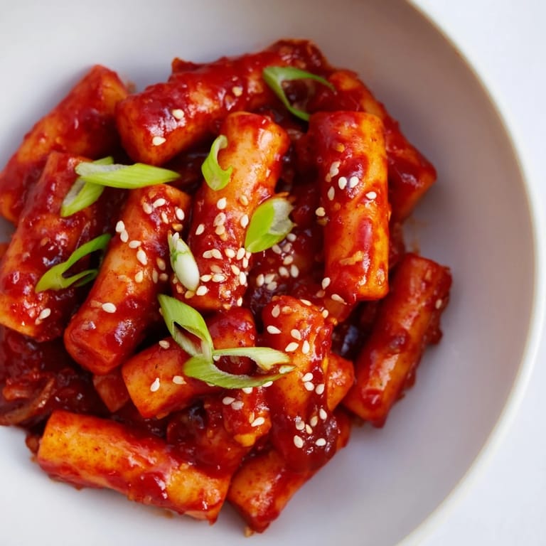 Close-up of Korean Tteokbokki, glistening with spicy red sauce, garnished with sesame seeds and sliced green onions.