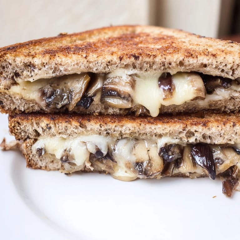 A delicious Mushroom Swiss Grilled Cheese sandwich, sliced to reveal layers of gooey Swiss cheese and tender mushrooms.