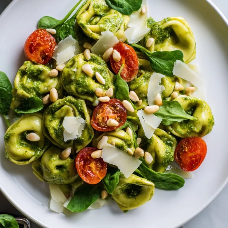 Fresh Pesto Tortellini Salad served chilled with toasted pine nuts and grated Parmesan cheese.