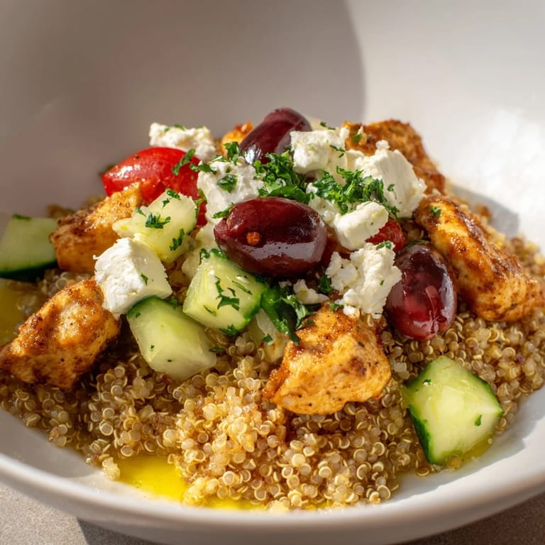 A close-up of the colorful Mediterranean Chicken Bowl, highlighting juicy chicken and tangy feta on a bed of quinoa and fresh vegetables.
