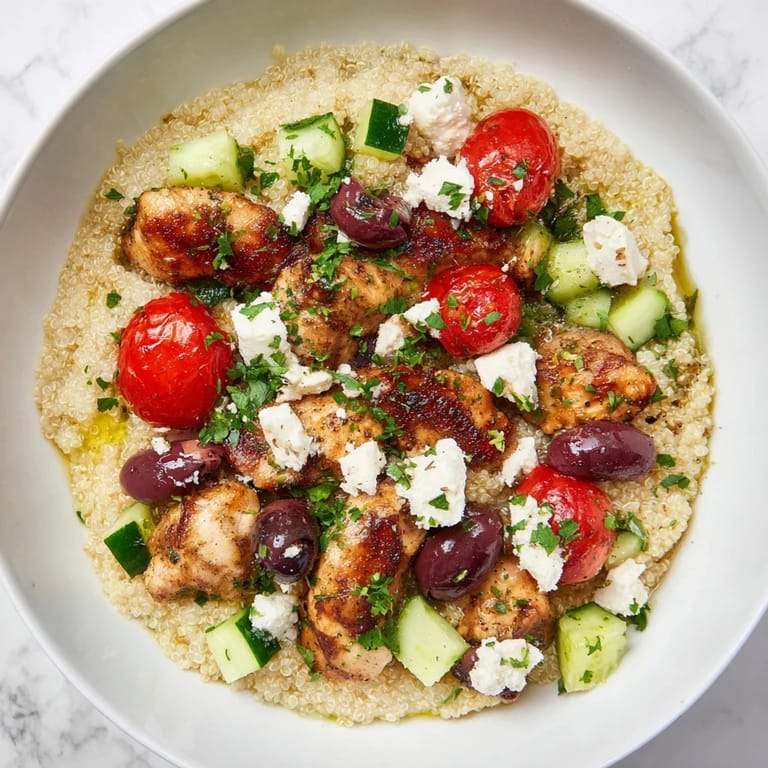 Healthy Mediterranean Chicken Bowl with tender chicken, chickpeas, cucumber, olives, and cherry tomatoes, served with a bright lemon-oregano drizzle.