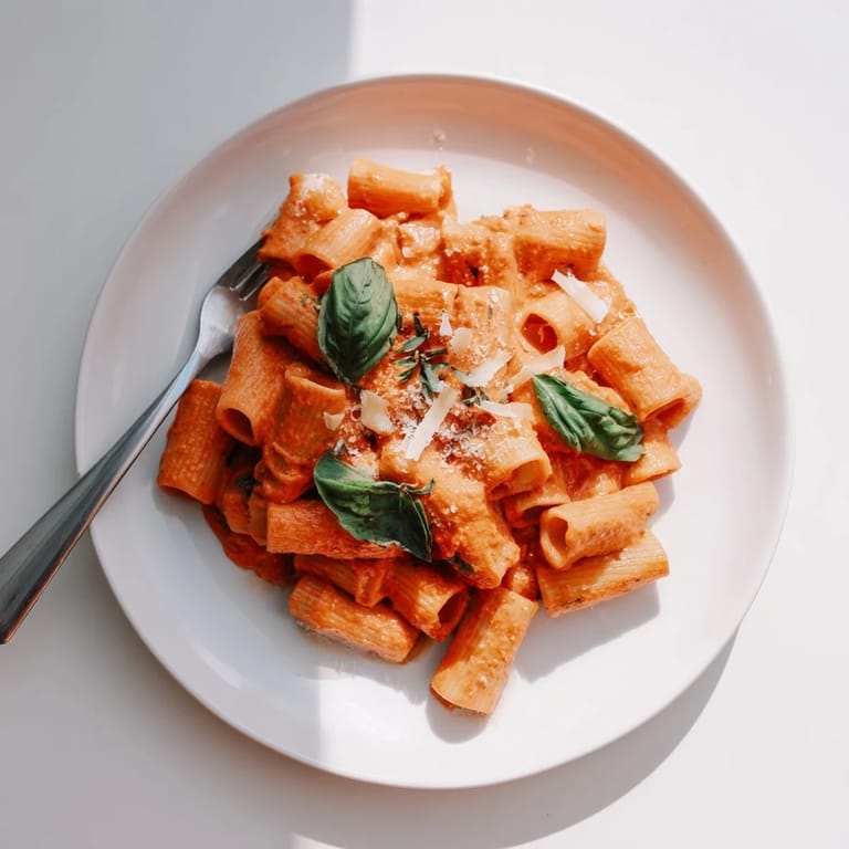 Steaming rigatoni pasta tossed in a rich, spicy tomato cream sauce, served hot for a comforting Italian-American meal.  