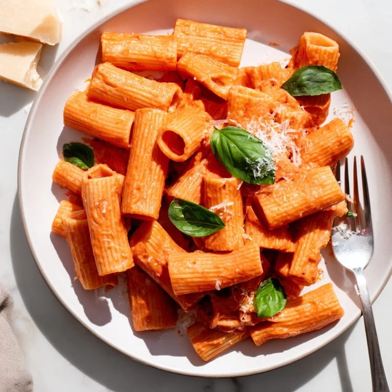 A close-up of rigatoni pasta in a vibrant red sauce, dotted with fresh basil leaves and a sprinkle of Parmesan.