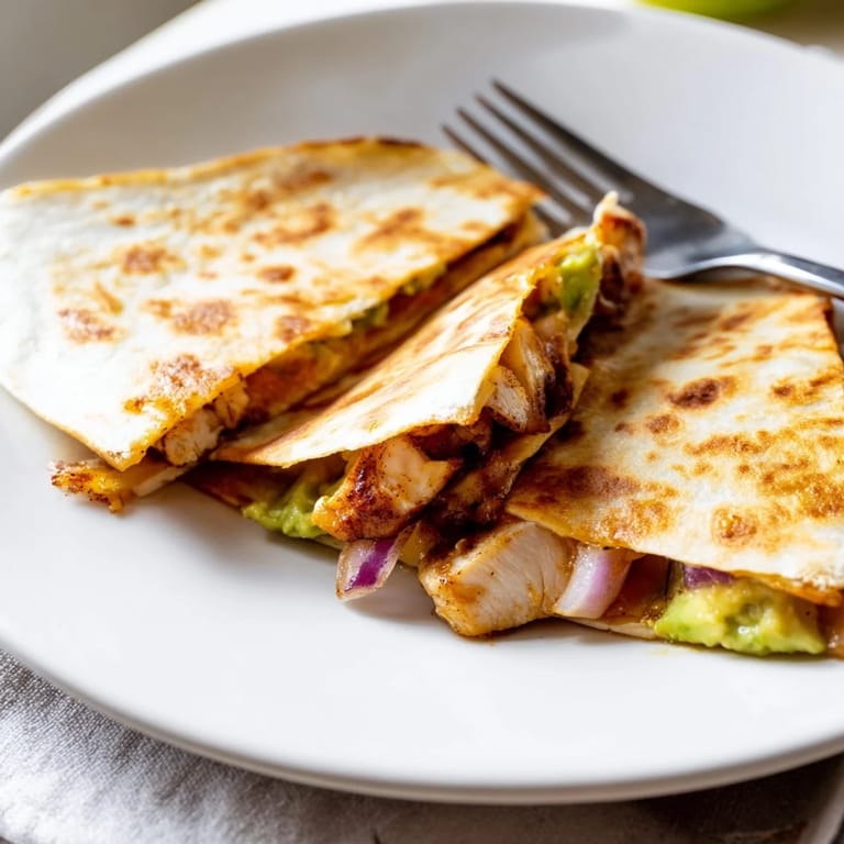 Freshly grilled Chicken Avocado Quesadilla served warm with vibrant lime wedges and a side of zesty salsa.