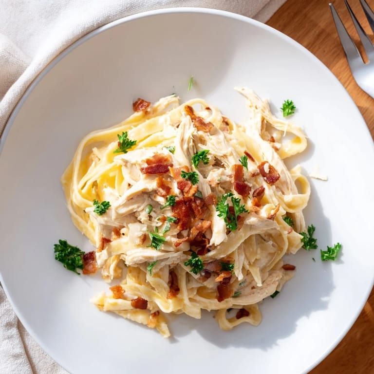 Savory Chicken Carbonara plated with golden bacon bits and extra grated Parmesan, served alongside a glass of crisp white wine.