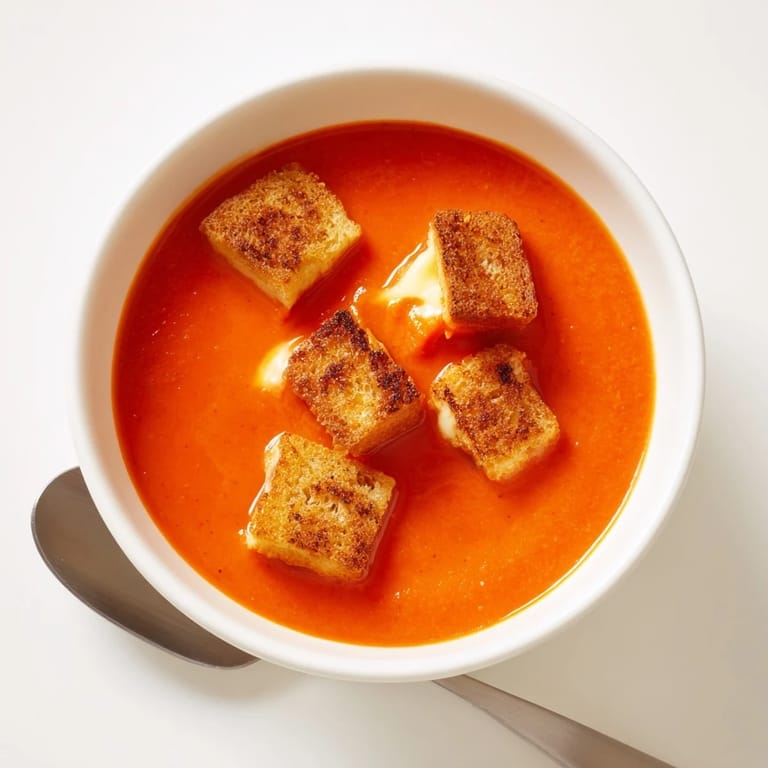 A comforting bowl of homemade roasted tomato soup, garnished with golden grilled cheese croutons for a perfect pairing.