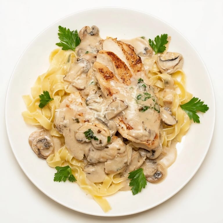 Juicy chicken breasts coated in velvety Marsala cream sauce, paired with al dente fettuccine and a sprinkle of Parmesan.