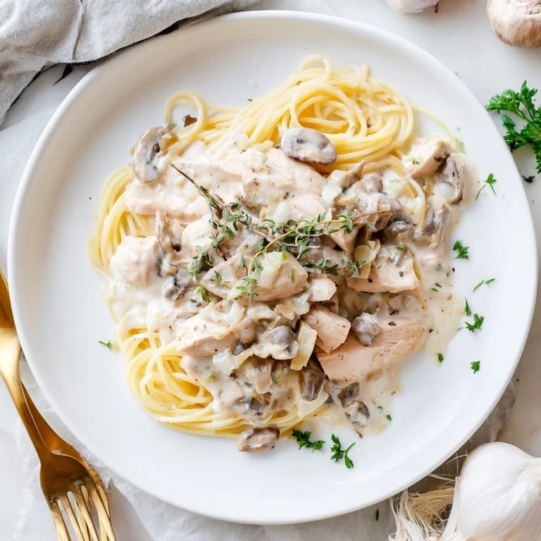 Tender spaghettini pasta coated in a light, velvety mushroom cream sauce with slices of juicy chicken breast, ready to serve.  