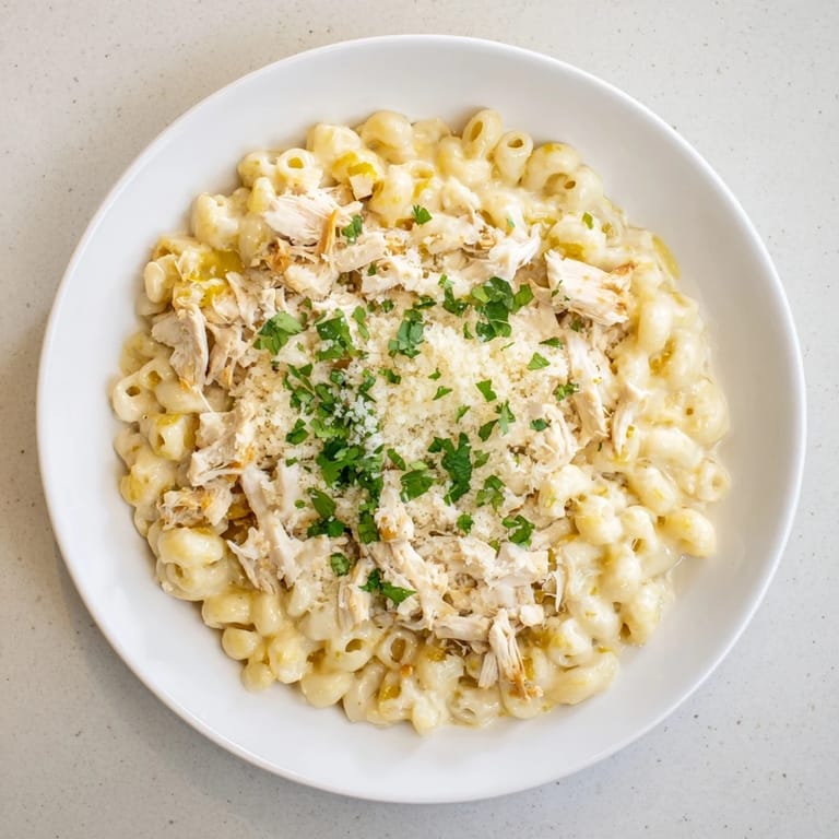 Steamy Green Chili Chicken Mac topped with fresh cilantro and optional jalapeño slices for serving.