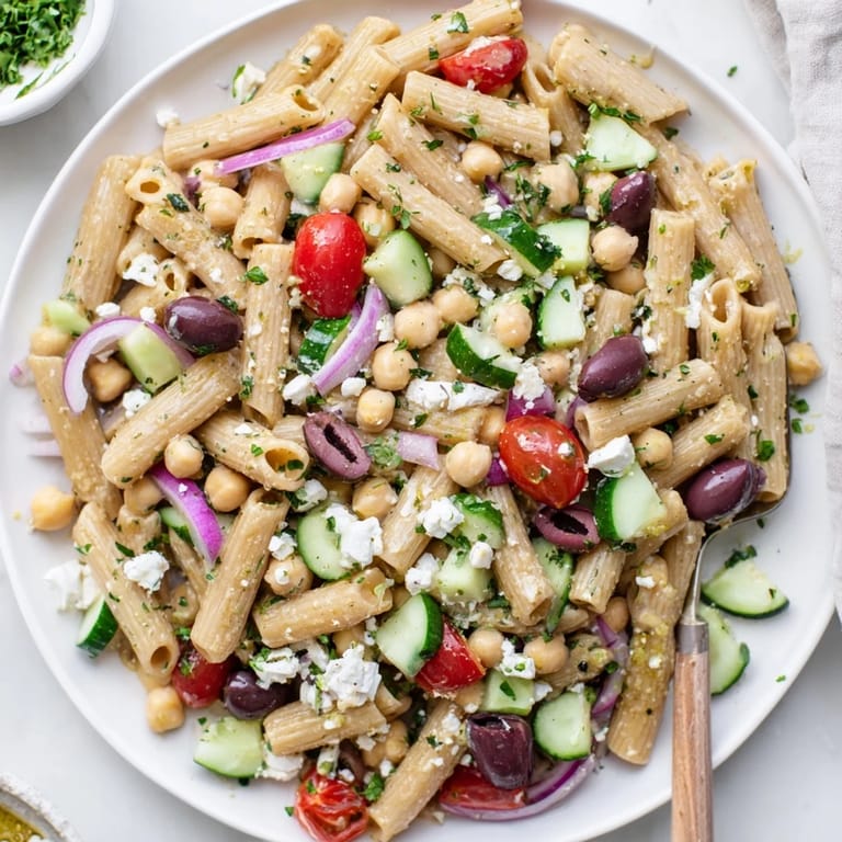 Hearty bowl of Lemon Herb Chickpea Pasta Salad tossed with crisp cucumbers, olives, and feta, ready for a summer picnic.  