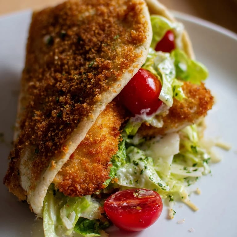 Crispy herbed chicken Caesar pitas with tender cutlets, Caesar dressing, and fresh cherry tomatoes nestled in toasted pita halves.