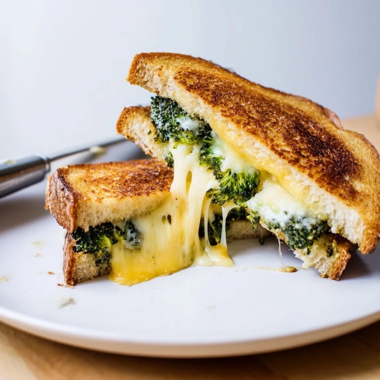 A close-up of a Roasted Broccoli & Cheddar Grilled Cheese, sliced to reveal the steaming, cheesy interior.  