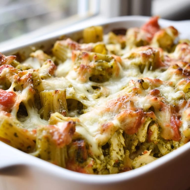 A family-style serving of Pesto Chicken Pasta Bake, featuring tender chicken chunks and al dente penne coated in herby pesto and marinara.
