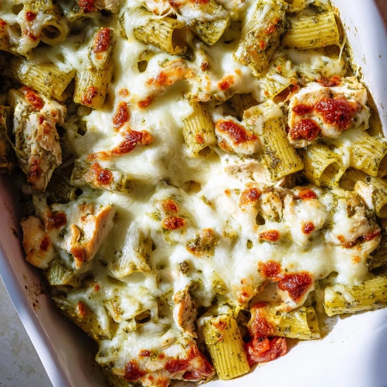 Fresh basil garnish sits atop the bubbly Pesto Chicken Pasta Bake, revealing gooey mozzarella and golden Parmesan edges from the oven.