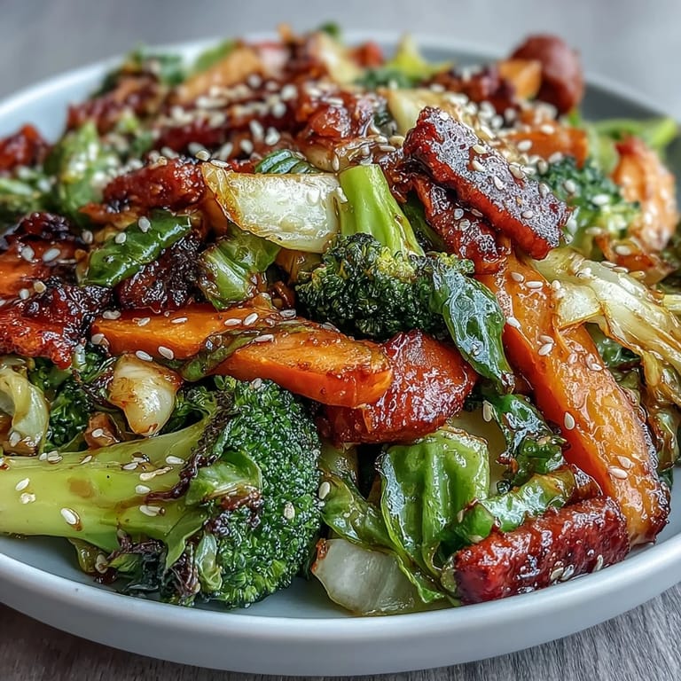 Comforting Fermented Veggie Winter Stir-Fry served over fluffy rice, garnished with green onions and sesame seeds.