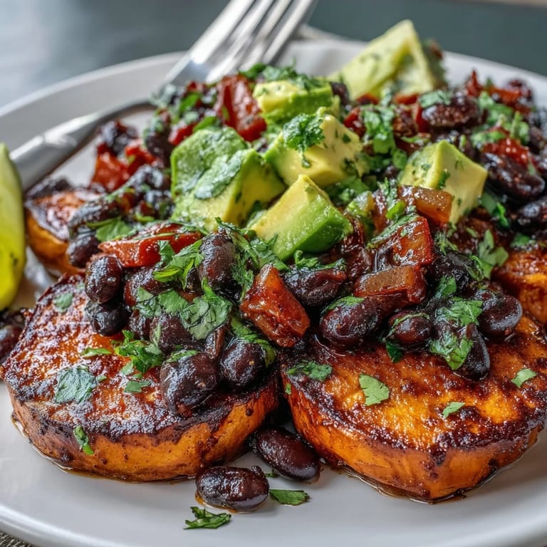 Warm, hearty vegetarian dish featuring oven-roasted sweet potatoes, chipotle black beans, and a vibrant zesty tomato salsa.