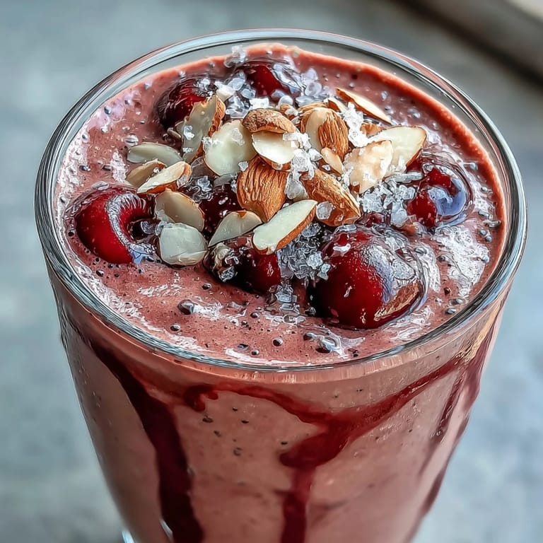Cherry Almond Smoothie blended with frozen bananas and Greek yogurt for a refreshing, protein-rich breakfast or snack.