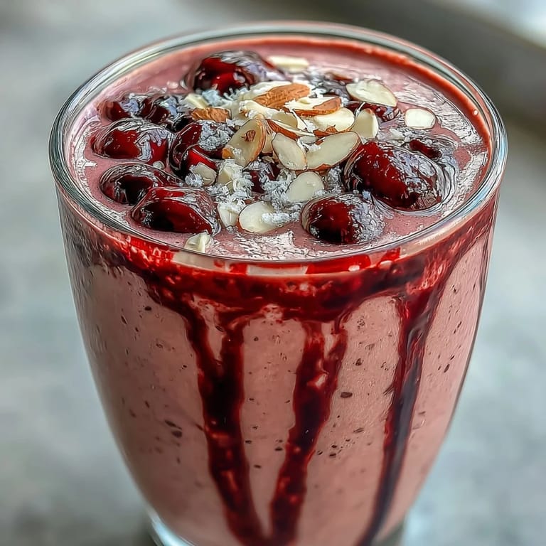 Thick, frosty Cherry Almond Smoothie poured into a glass, garnished with cherries, perfect for a dairy-free treat.