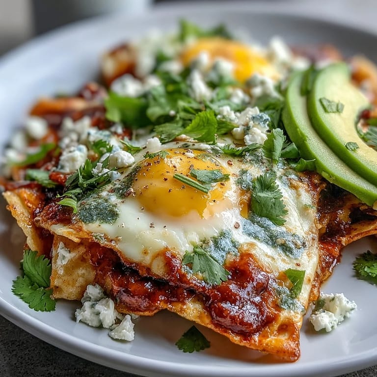 Freshly prepared chilaquiles served on a plate, garnished with sliced avocado, crumbled queso fresco, and a drizzle of sour cream.