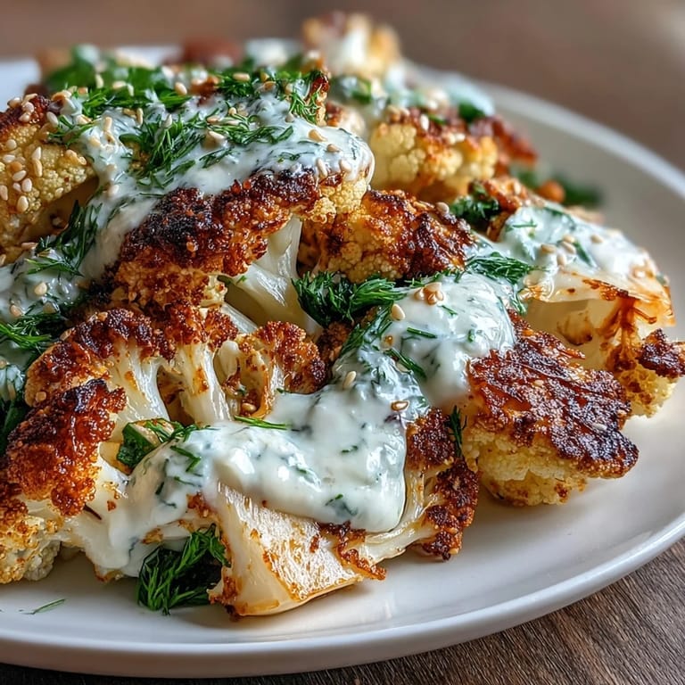 Vibrant platter of Roasted Cauliflower With Lemon Lentil Cumin Tahini Yogurt, hearty and delicious.