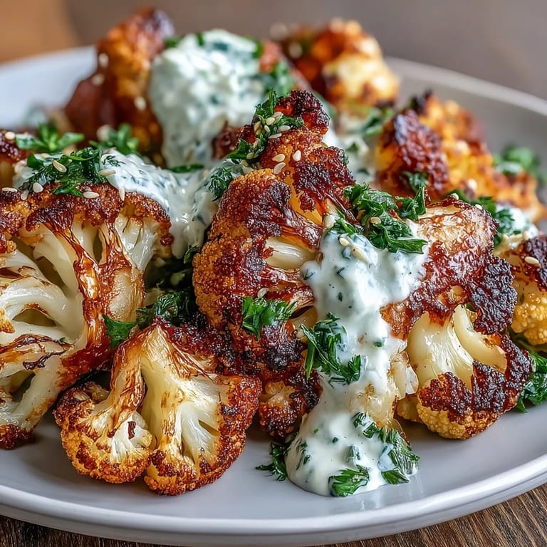 Savory Roasted Cauliflower With Lemon Lentil Cumin Tahini Yogurt, a flavorful Middle Eastern-inspired main.