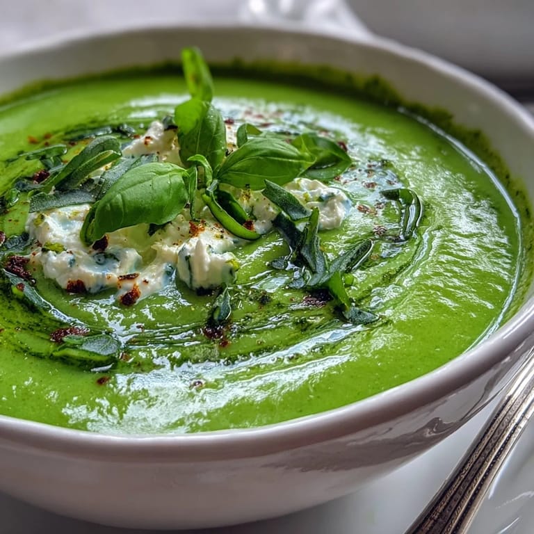 A spoon dips into a warm, blended Courgette, Pea and Pesto Soup, highlighting the bright spring vegetable colors.