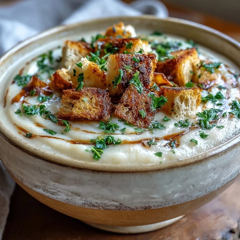 Hearty bowl of Roasted Garlic Soup accompanied by toasted gluten-free bread slices, perfect for a cozy European-inspired lunch.