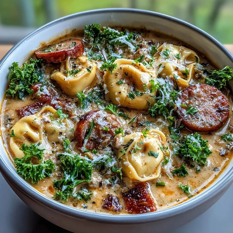 Warm pumpkin tortellini soup with chicken sausage and kale, paired with crusty bread on a cozy fall dinner table.