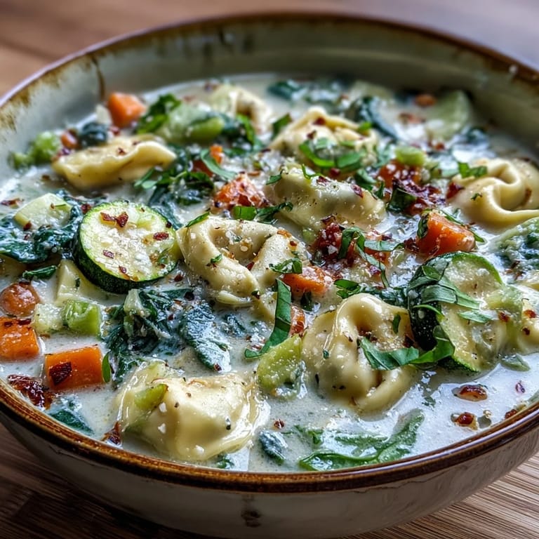 Creamy Vegetable Tortellini Soup ladled into a rustic bowl, vibrant zucchini and spinach visible in the rich broth.