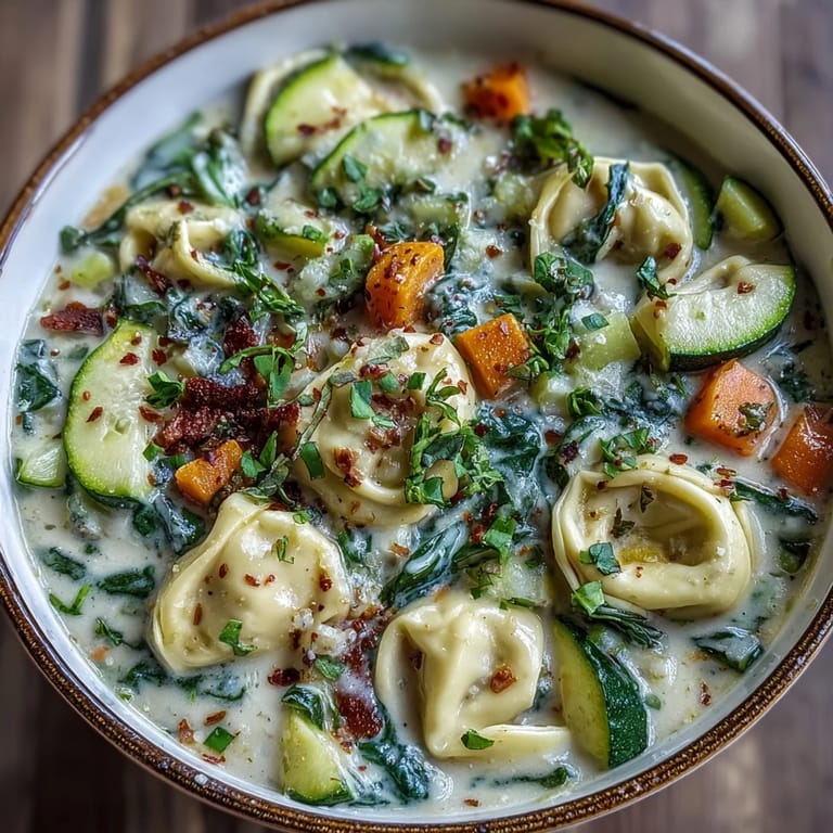 A bowl of Creamy Vegetable Tortellini Soup garnished with fresh parsley, served alongside crusty artisan bread.