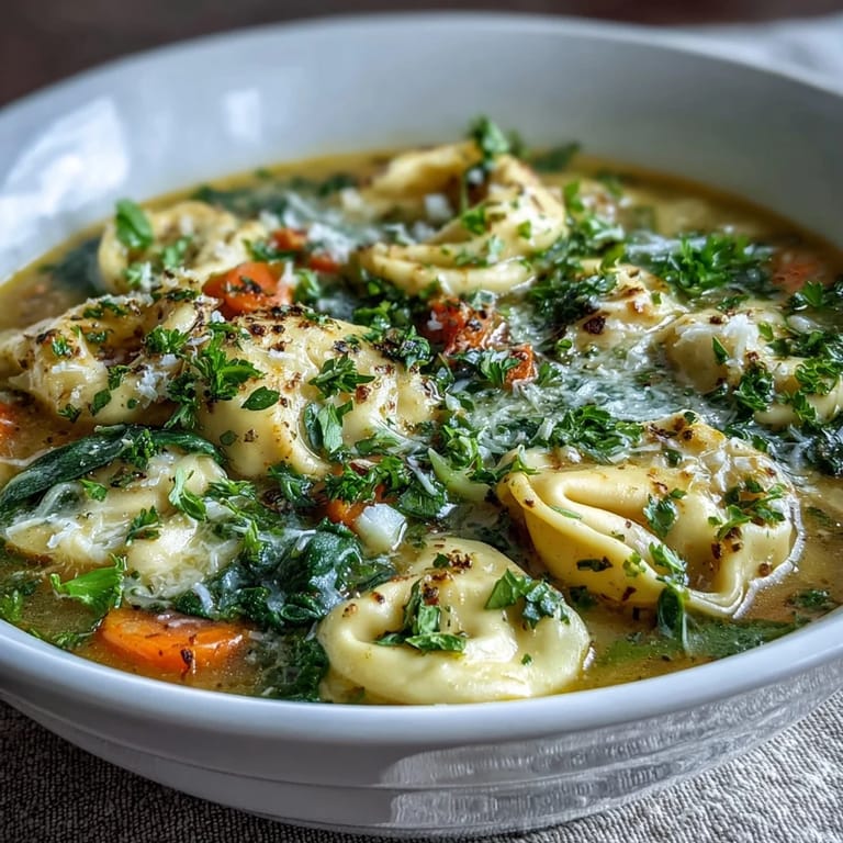 A pot of Easy Tortellini Soup With Chicken Broth simmers on the stove, filled with tender pasta, carrots, and wilted spinach.