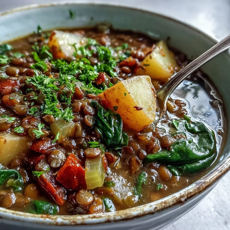 Close-up of Vegetarian Lentil Stew in a rustic pot, highlighting vibrant red bell peppers and diced potatoes in a rich broth.
