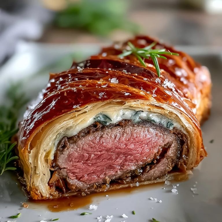 Elegant Beef Wellington plated with rich red wine sauce, fresh herbs, and a side of roasted vegetables for a festive dinner.