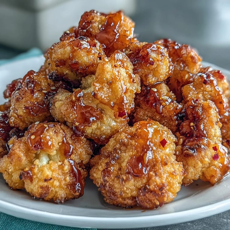 A close-up of crunchy hot honey cauliflower florets, drizzled with spicy honey glaze and garnished with fresh herbs.