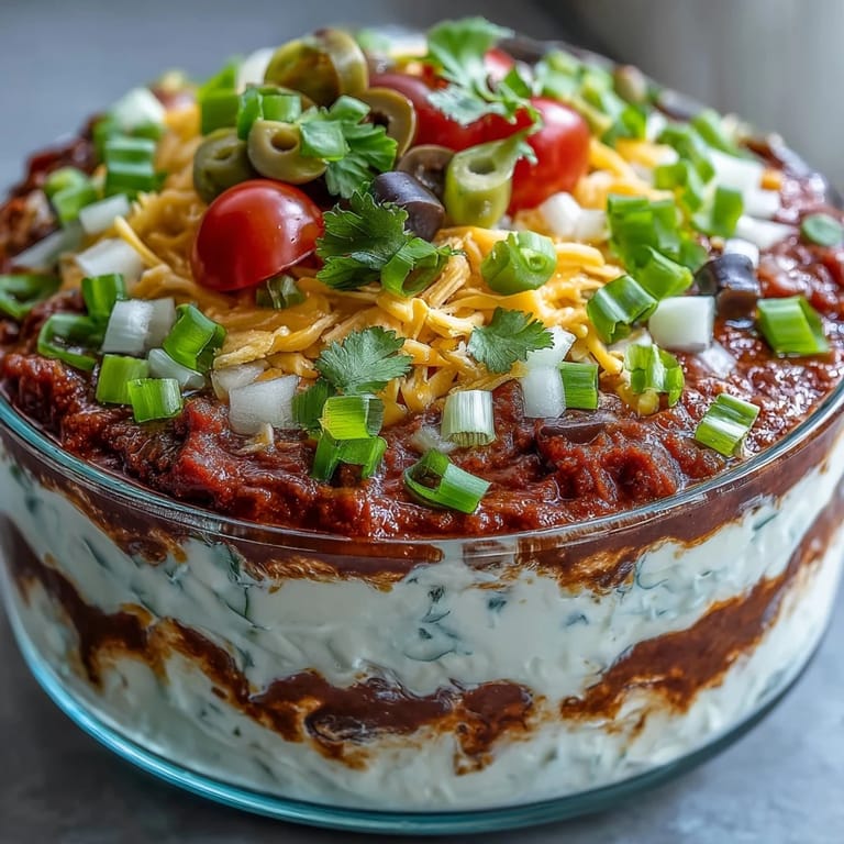 Colorful 4-Way Layered Dip in a glass dish, featuring beans, cheese, olives, and bell peppers, ready for tortilla chips.