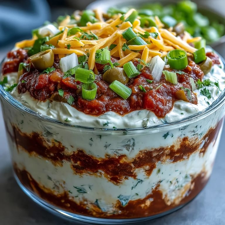 Classic 4-Way Layered Dip appetizer with creamy layers and toppings, served chilled for parties or game-day gatherings.