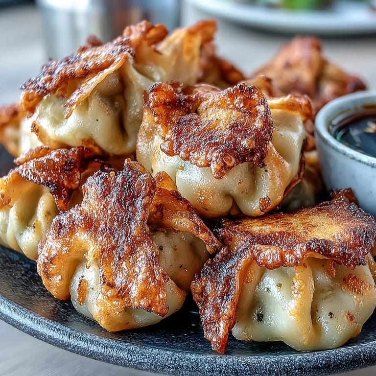 Overhead view of freshly cooked Smash Dumplings, featuring golden-brown bottoms and a side of chili oil and sesame dipping sauce for dipping.