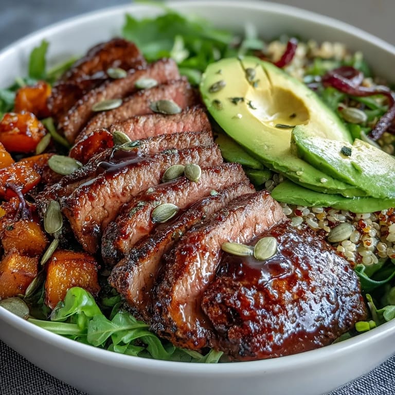 Close-up of a vibrant butternut squash steak bowl drizzled with lime-cilantro dressing and topped with red onion.
