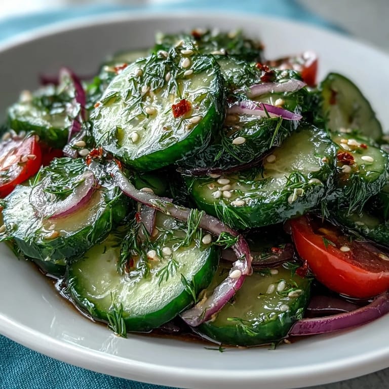 A fork lifting a bite of the Refreshing Crunchy Cucumber Salad, highlighting the bright vinegar dressing and crisp vegetable textures.