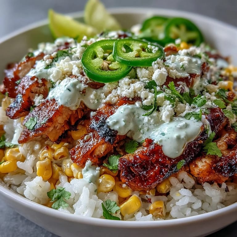 Close-up of Street Corn Chicken and Rice Bowls featuring juicy chicken, charred corn, cotija cheese, and creamy drizzle, ready to serve with jalapeños.