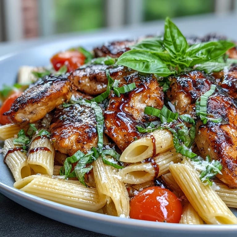 Bruschetta Chicken Pasta features melted mozzarella and fresh basil over a savory pasta and chicken mixture.