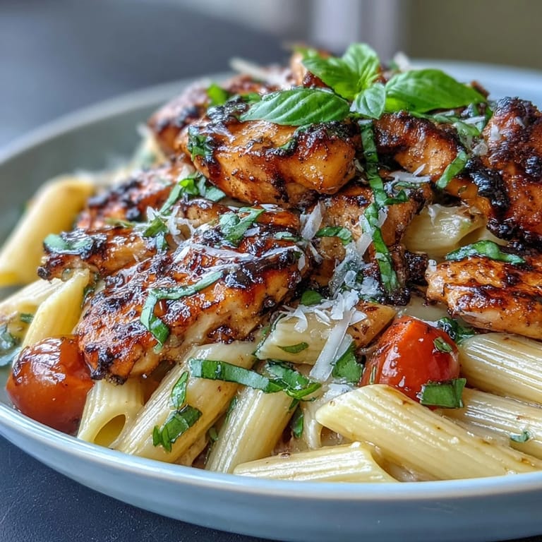 A fork lifts tender chicken and penne from a bowl of Bruschetta Chicken Pasta, topped with balsamic glaze.