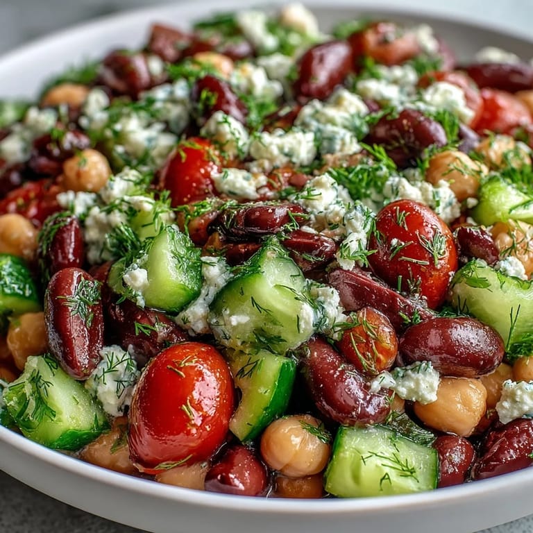 Large white bowl filled with Greek Bean Salad with Lemon Marinated Beans, cucumbers, and Kalamata olives ready to serve.